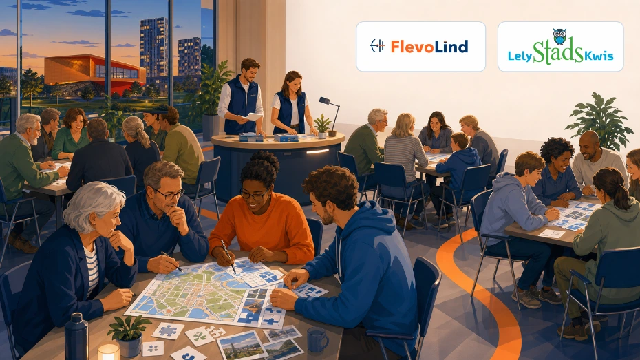 Illustratie van de financiële en bestuurlijke basis van Stichting LelystadsKwis, met lokale Lelystadse elementen en de logo’s van FlevoLind en LelystadsKwis