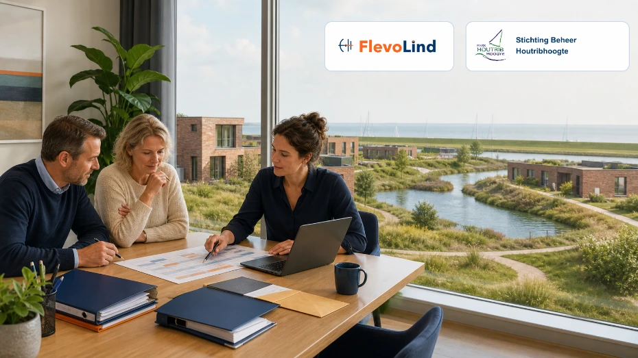Fictieve illustratie van financiële administratie en bewonerscommunicatie voor Houtribhoogte in Lelystad, met het logo van FlevoLind en Stichting Beheer Houtribhoogte
