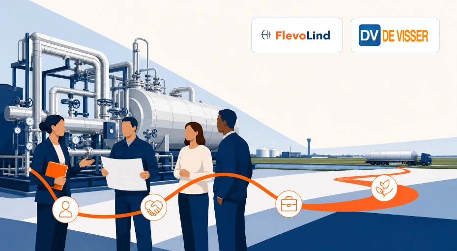 Illustratie van recruitment en re-integratie bij een technische gasinstallatie in Lelystad, met de logo’s van FlevoLind en De Visser