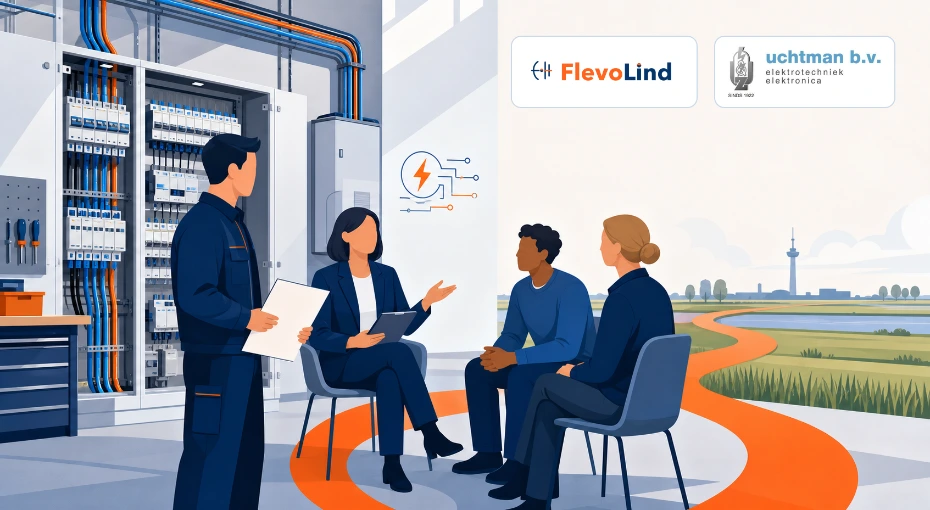 Illustratie van recruitment en re-integratie in een elektrotechnische werkomgeving in Lelystad, met de logo’s van FlevoLind en Uchtman