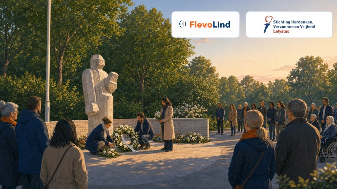 Illustratie van financieel bestuur en communicatie rond herdenken en vrijheid in Lelystad, met het Stadspark-monument en het officiële logo van de stichting